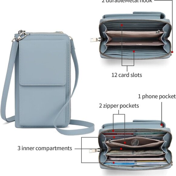 Small Vegan Leather Crossbody Cell Phone Purse Wallet 12 Card Slots - Picture 3 of 7